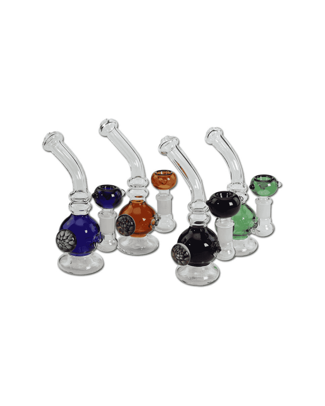 Vier Minibongs aus Glas mit Blume in Farbmix